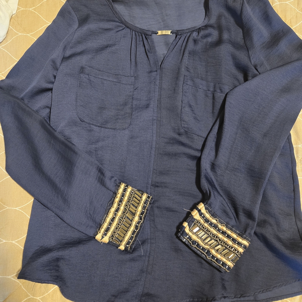 Elegant Navy Blue Women's Top with Embellished Cuffs